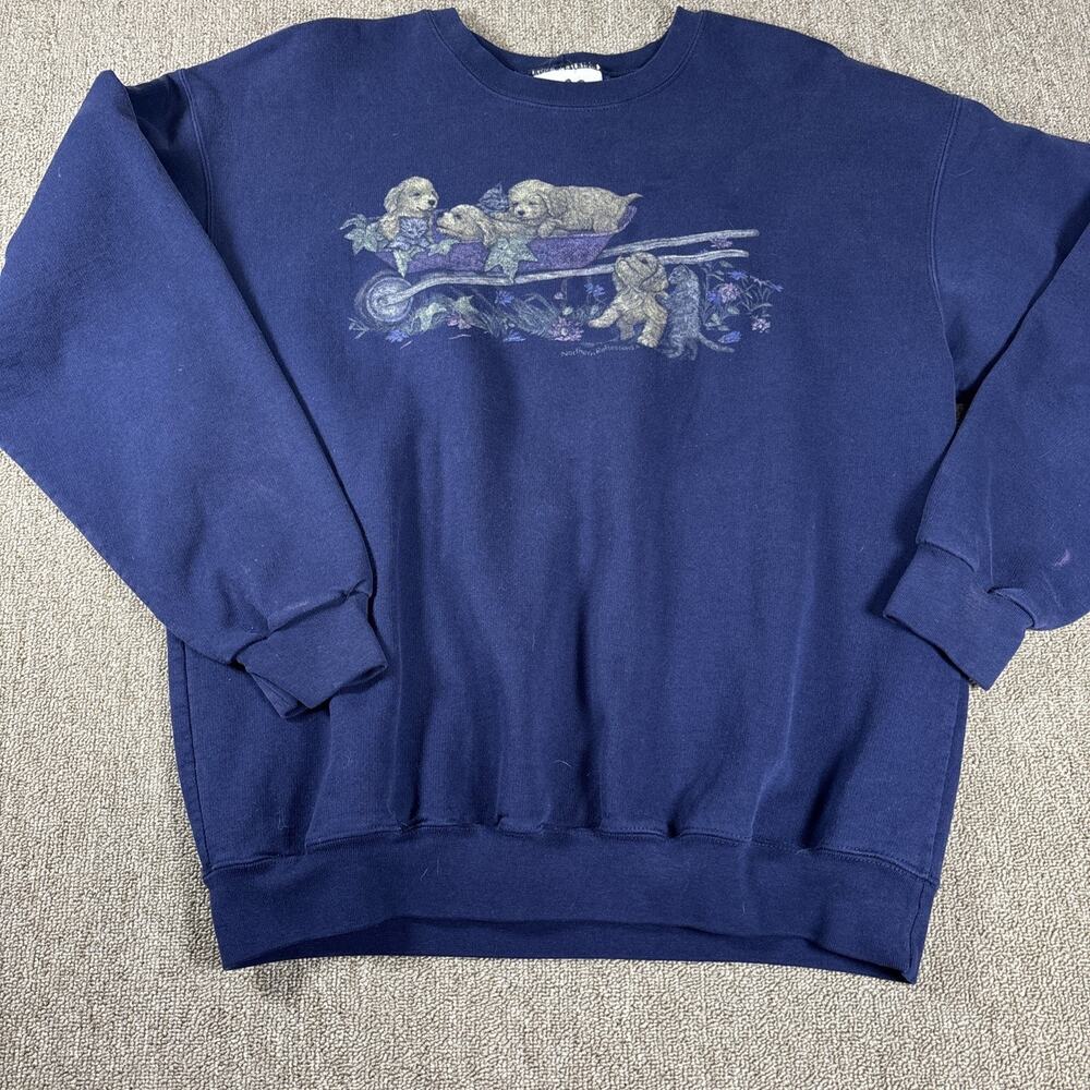 Vintage Grandma Sweater Puppies Wrap Around Navy Blue Large 1990s